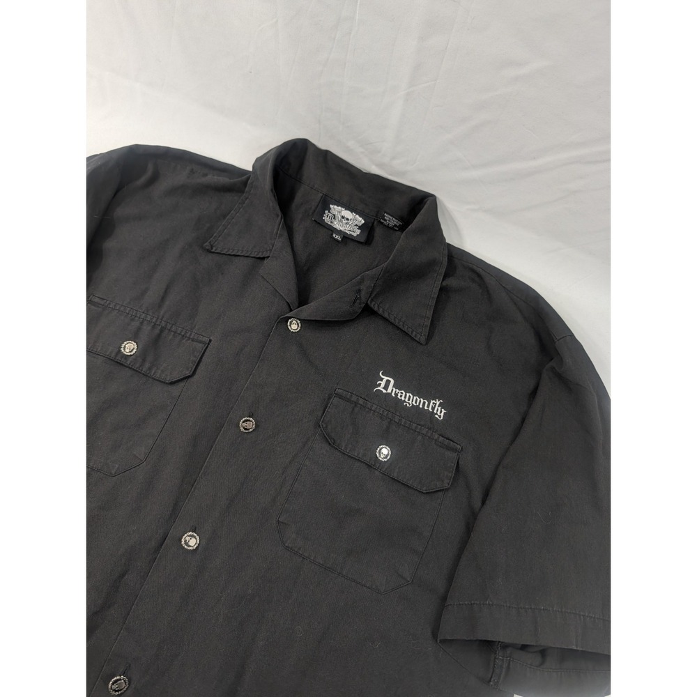 Dragonfly Shirt Mens 2XL Black Gray Skulls Embroidered Button Short Sleeve